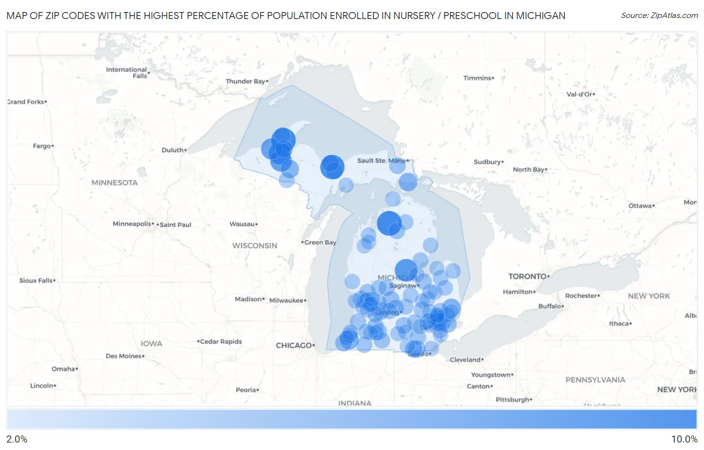 Zip Codes with the Highest Percentage of Population Enrolled in Nursery / Preschool in Michigan Map
