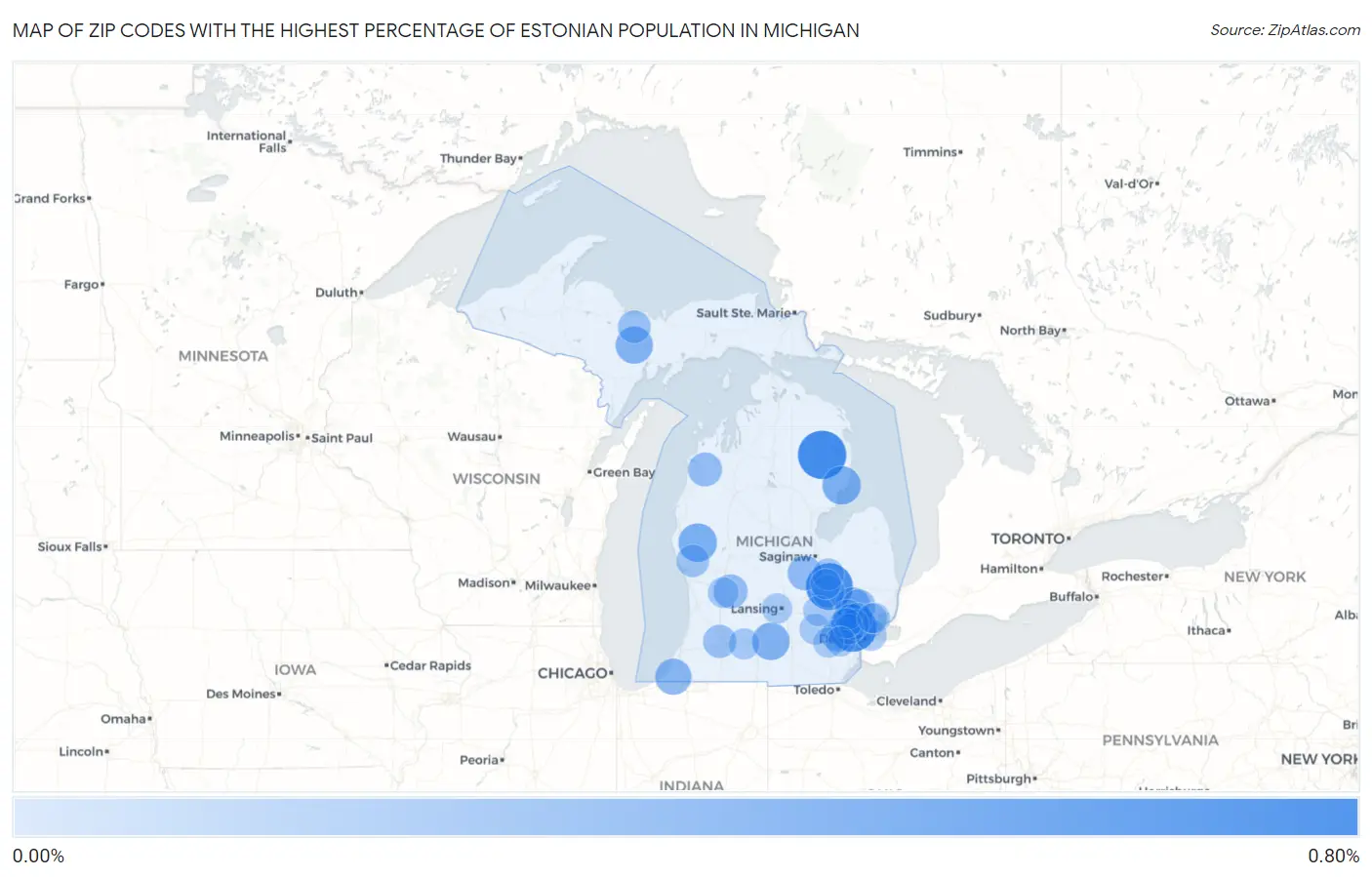 Zip Codes with the Highest Percentage of Estonian Population in Michigan Map