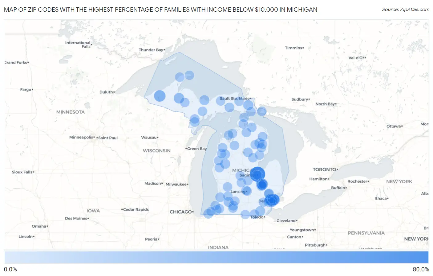Zip Codes with the Highest Percentage of Families with Income Below $10,000 in Michigan Map