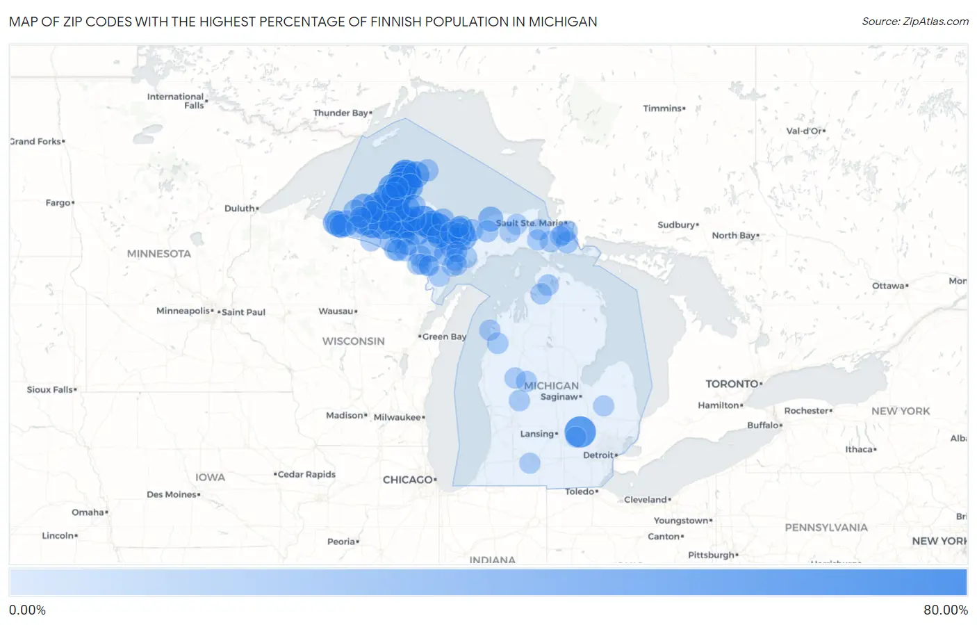 Zip Codes with the Highest Percentage of Finnish Population in Michigan Map