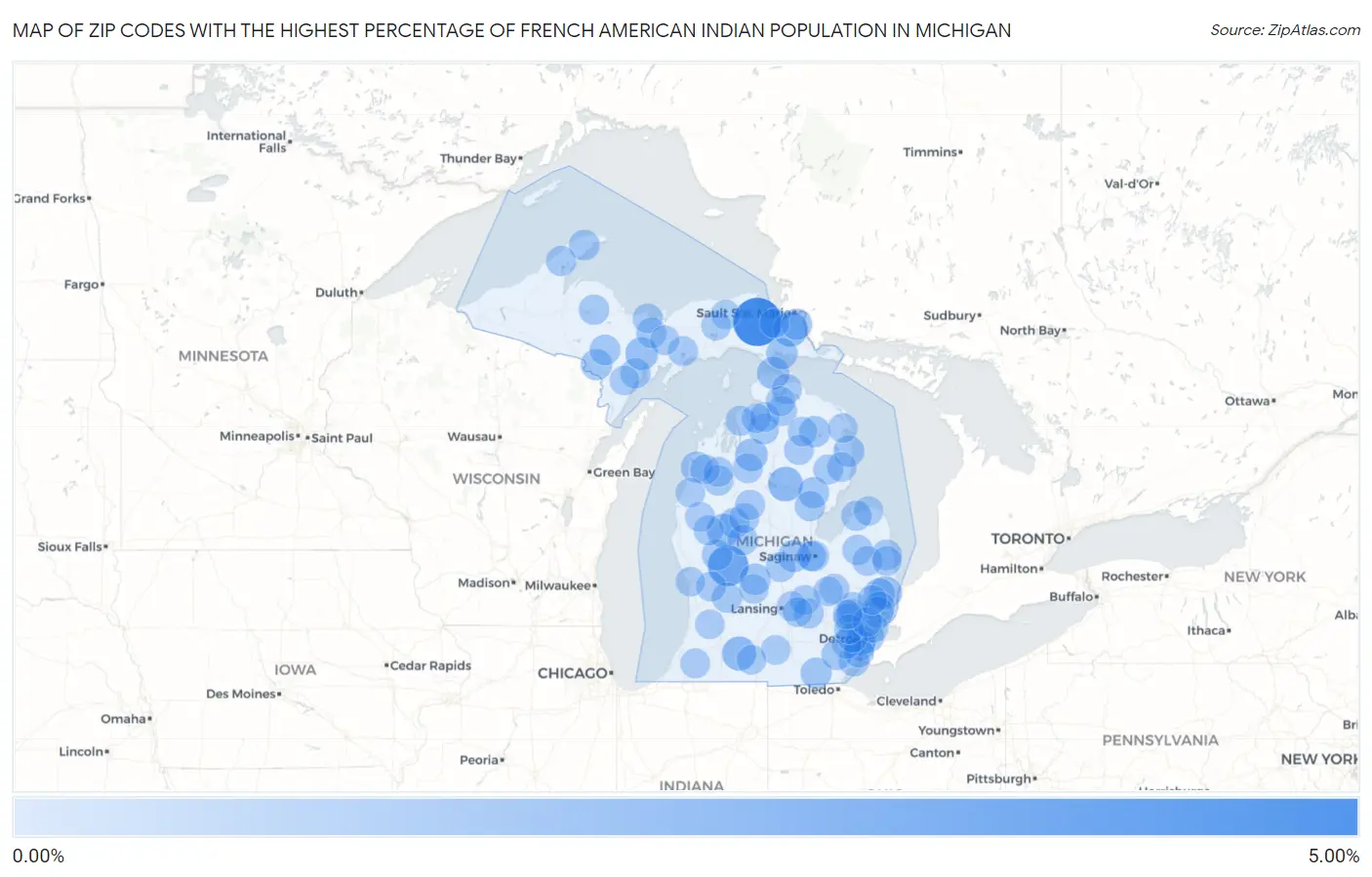 Zip Codes with the Highest Percentage of French American Indian Population in Michigan Map