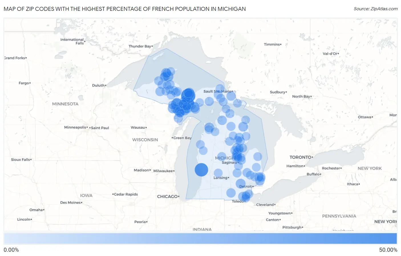 Zip Codes with the Highest Percentage of French Population in Michigan Map