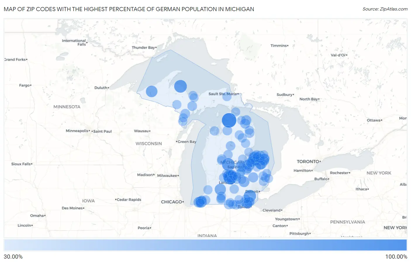 Zip Codes with the Highest Percentage of German Population in Michigan Map