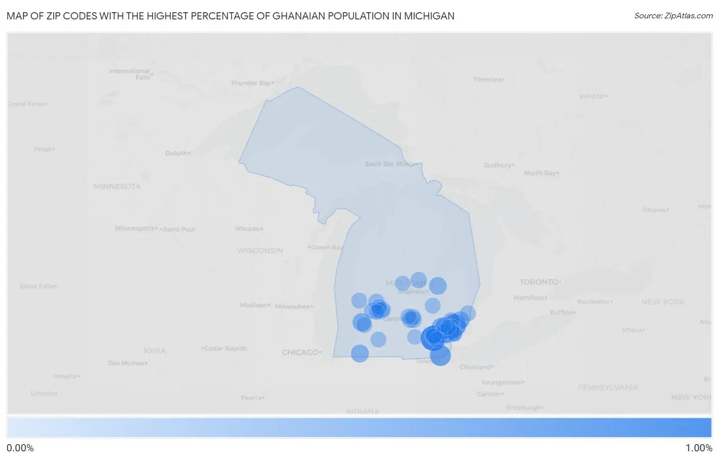 Zip Codes with the Highest Percentage of Ghanaian Population in Michigan Map