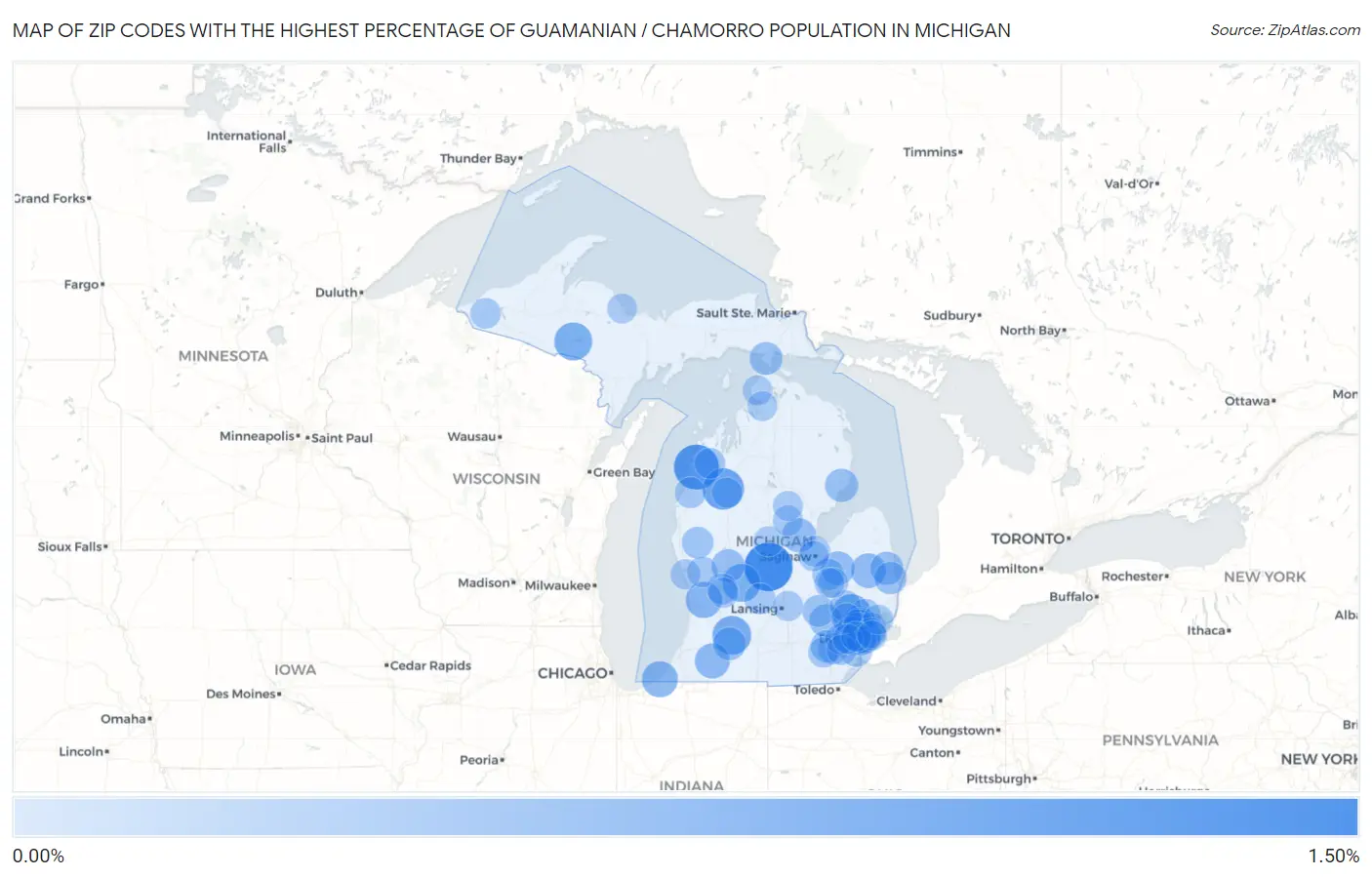 Zip Codes with the Highest Percentage of Guamanian / Chamorro Population in Michigan Map