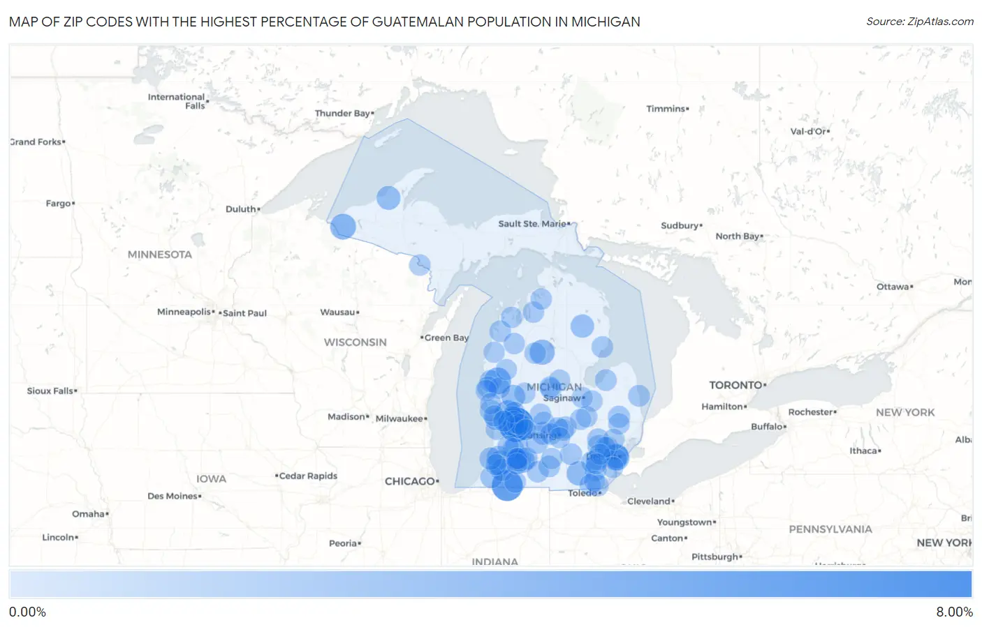 Zip Codes with the Highest Percentage of Guatemalan Population in Michigan Map