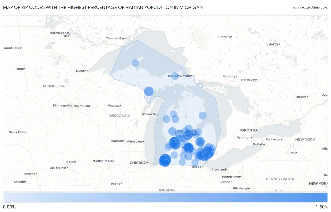 Zip Codes with the Highest Percentage of Haitian Population in Michigan Map