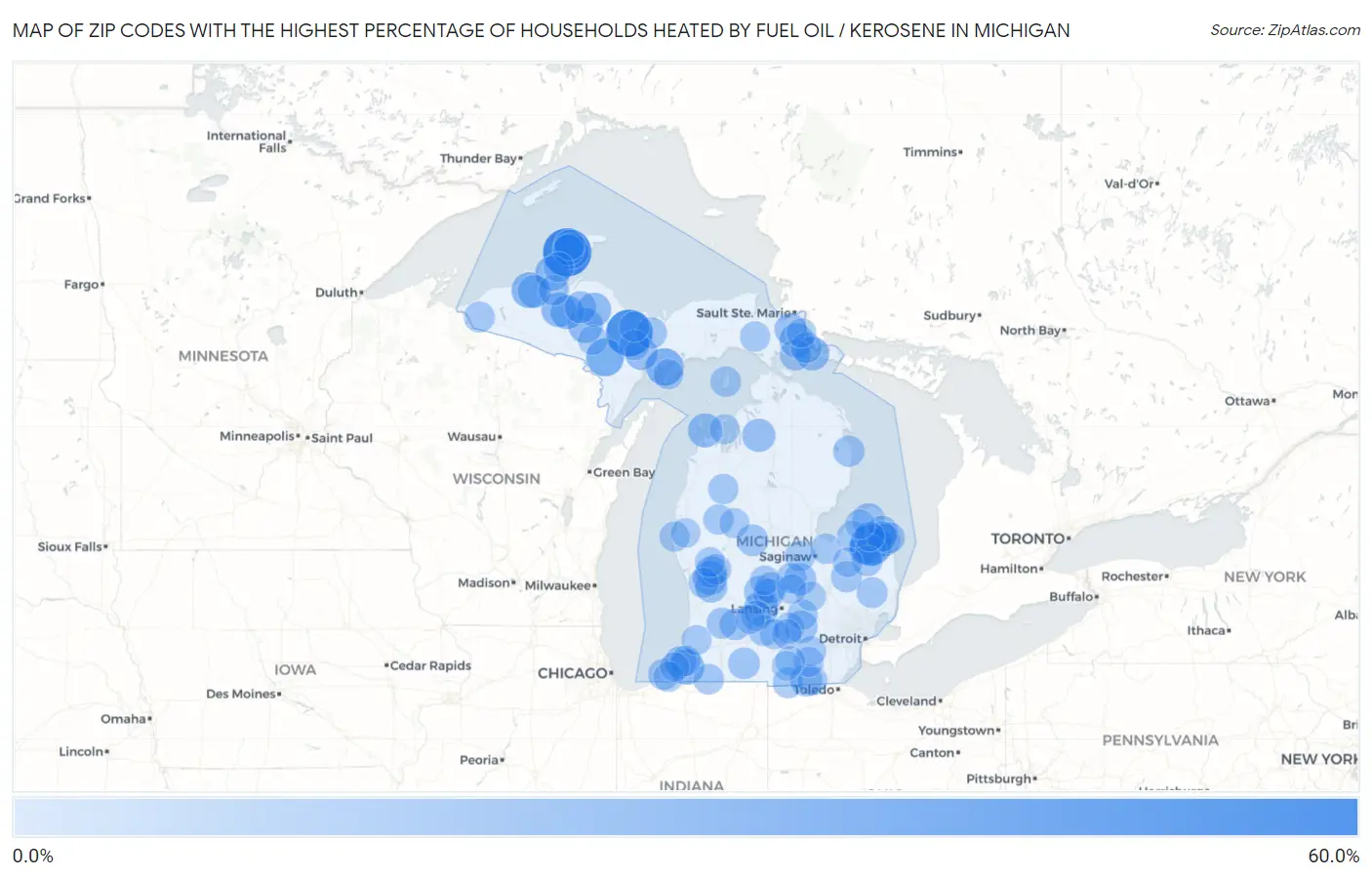 Zip Codes with the Highest Percentage of Households Heated by Fuel Oil / Kerosene in Michigan Map