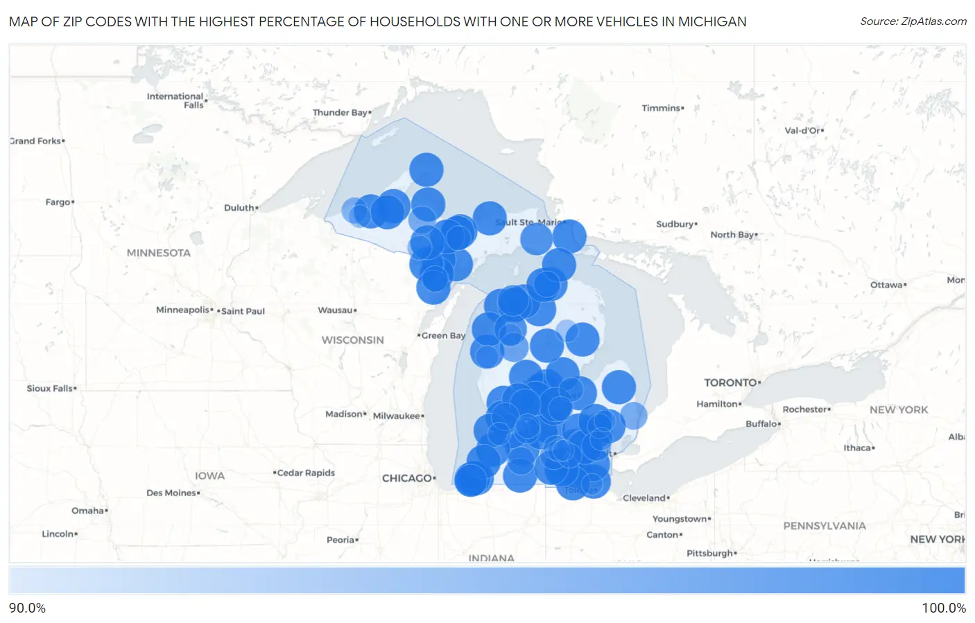Zip Codes with the Highest Percentage of Households With One or more Vehicles in Michigan Map