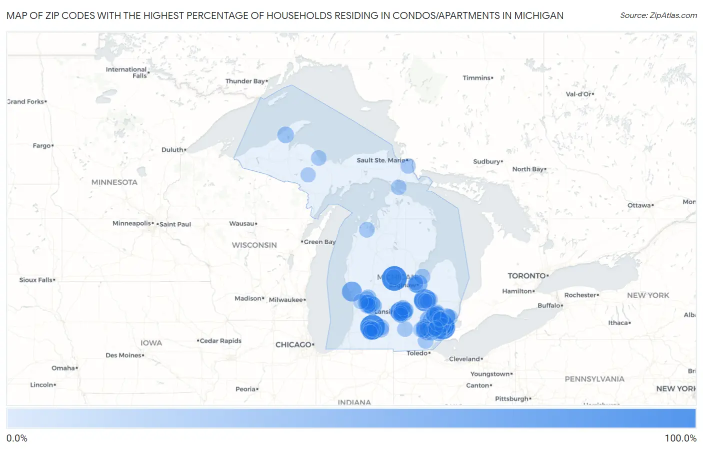 Zip Codes with the Highest Percentage of Households Residing in Condos/Apartments in Michigan Map