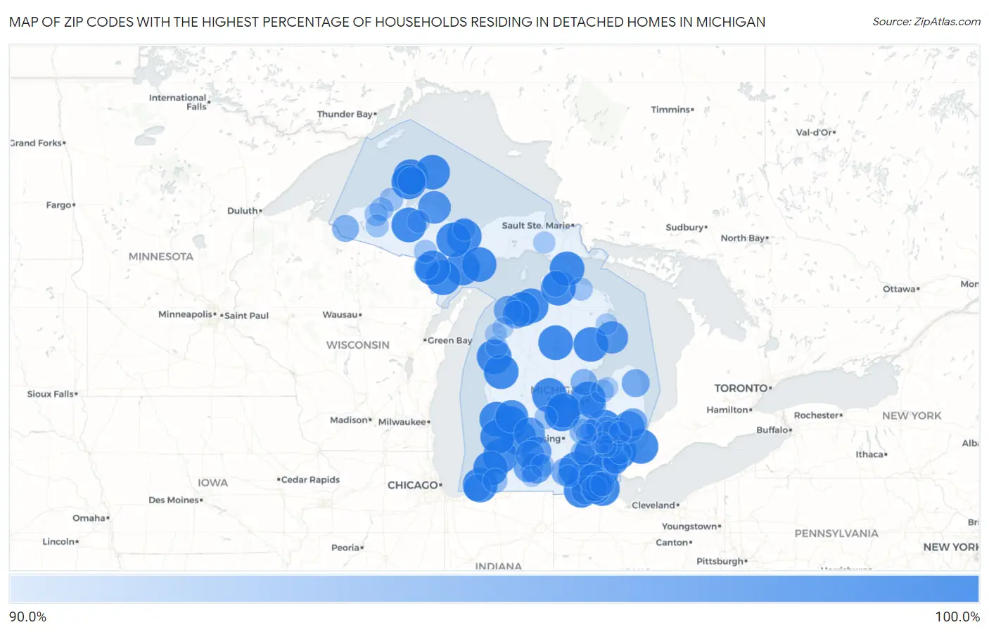 Zip Codes with the Highest Percentage of Households Residing in Detached Homes in Michigan Map