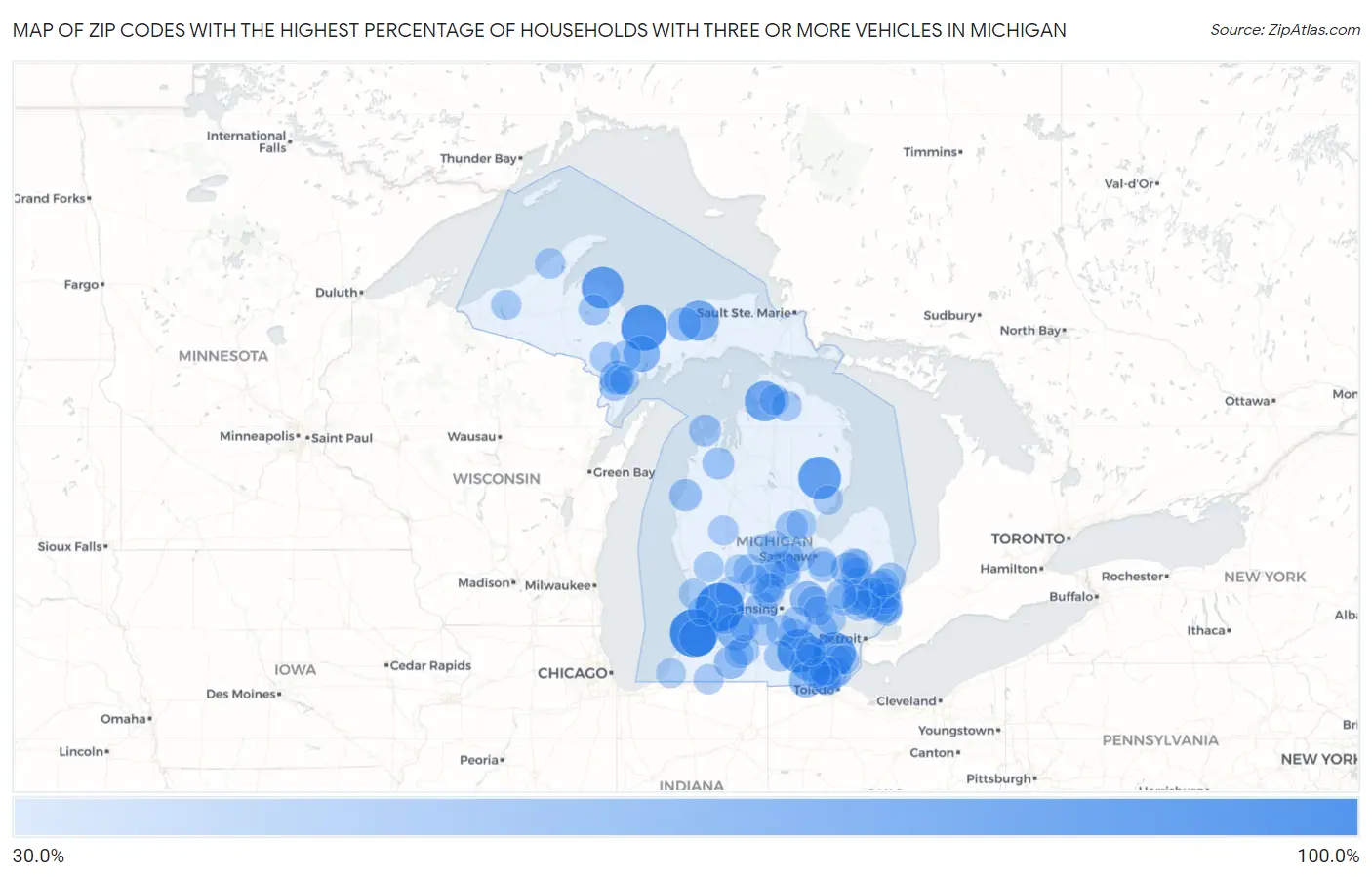 Zip Codes with the Highest Percentage of Households With Three or more Vehicles in Michigan Map