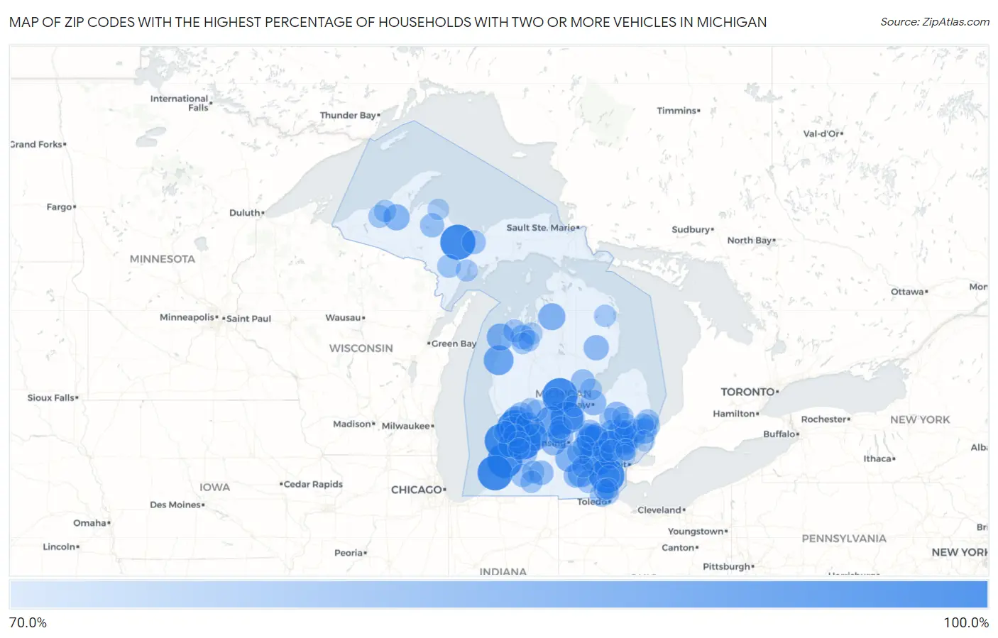 Zip Codes with the Highest Percentage of Households With Two or more Vehicles in Michigan Map