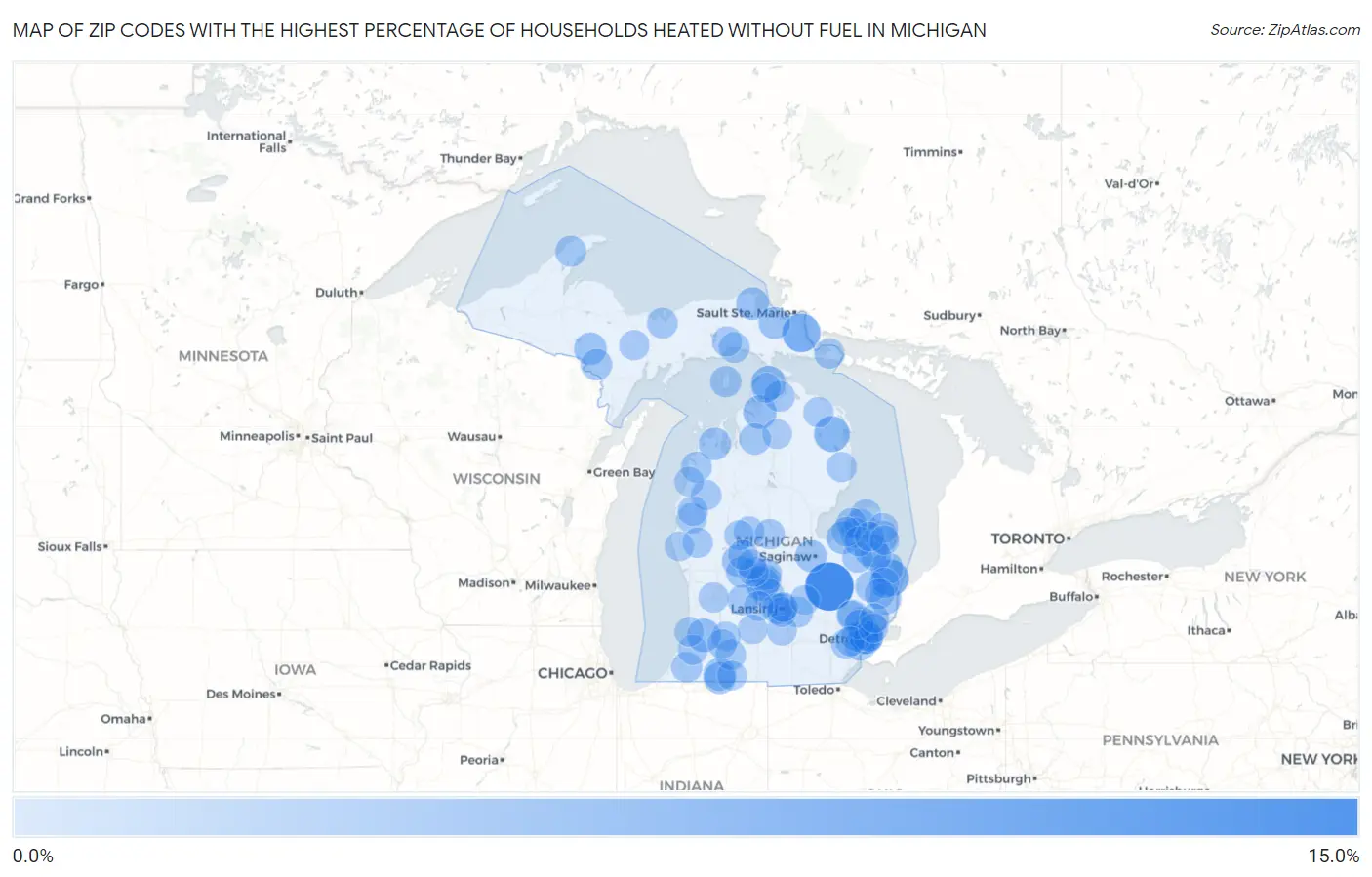 Zip Codes with the Highest Percentage of Households Heated without Fuel in Michigan Map