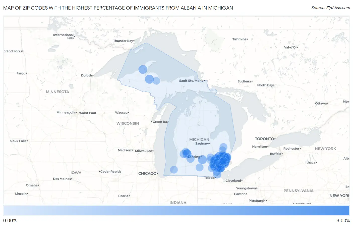 Zip Codes with the Highest Percentage of Immigrants from Albania in Michigan Map