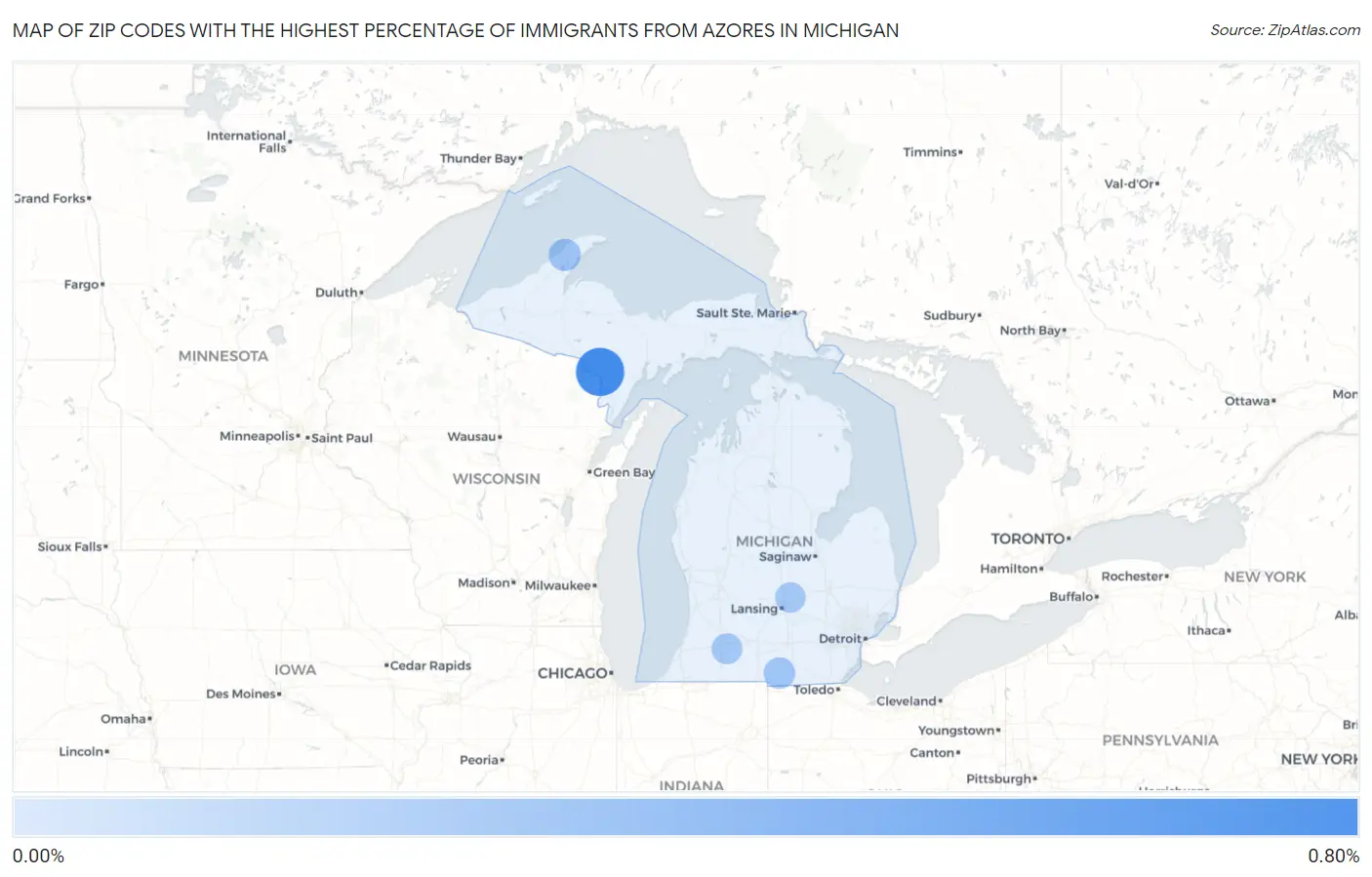 Zip Codes with the Highest Percentage of Immigrants from Azores in Michigan Map