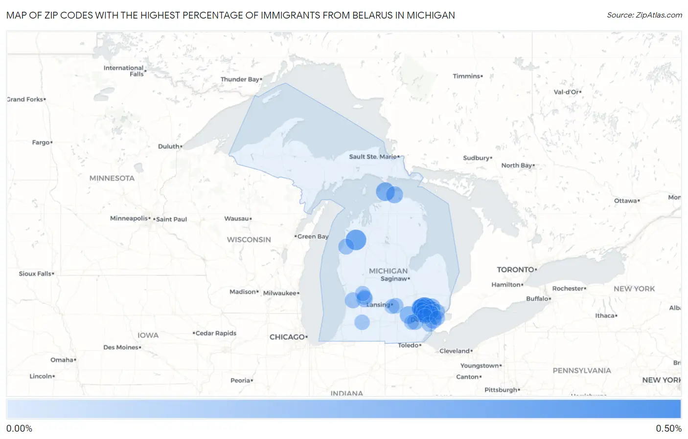 Zip Codes with the Highest Percentage of Immigrants from Belarus in Michigan Map