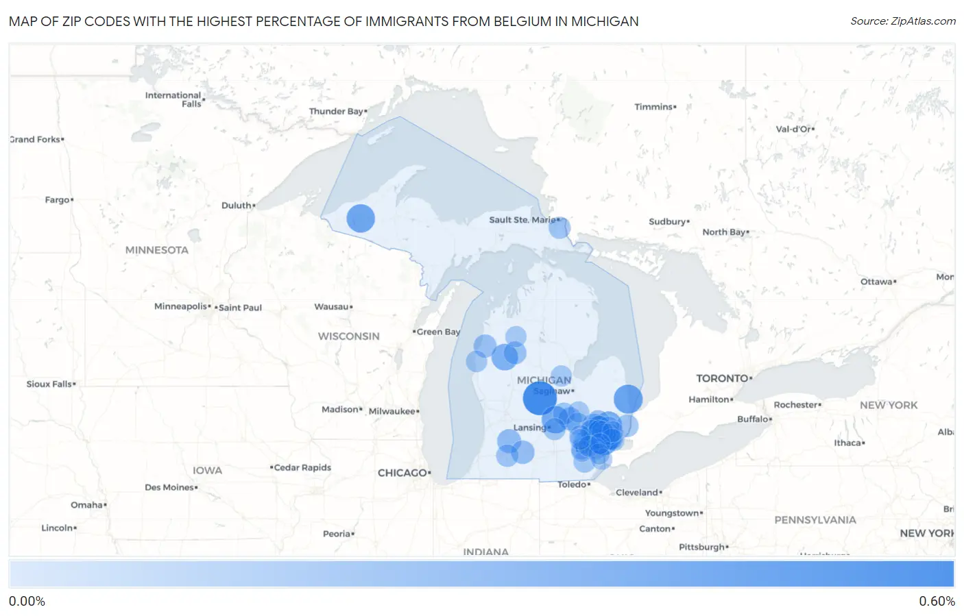 Zip Codes with the Highest Percentage of Immigrants from Belgium in Michigan Map