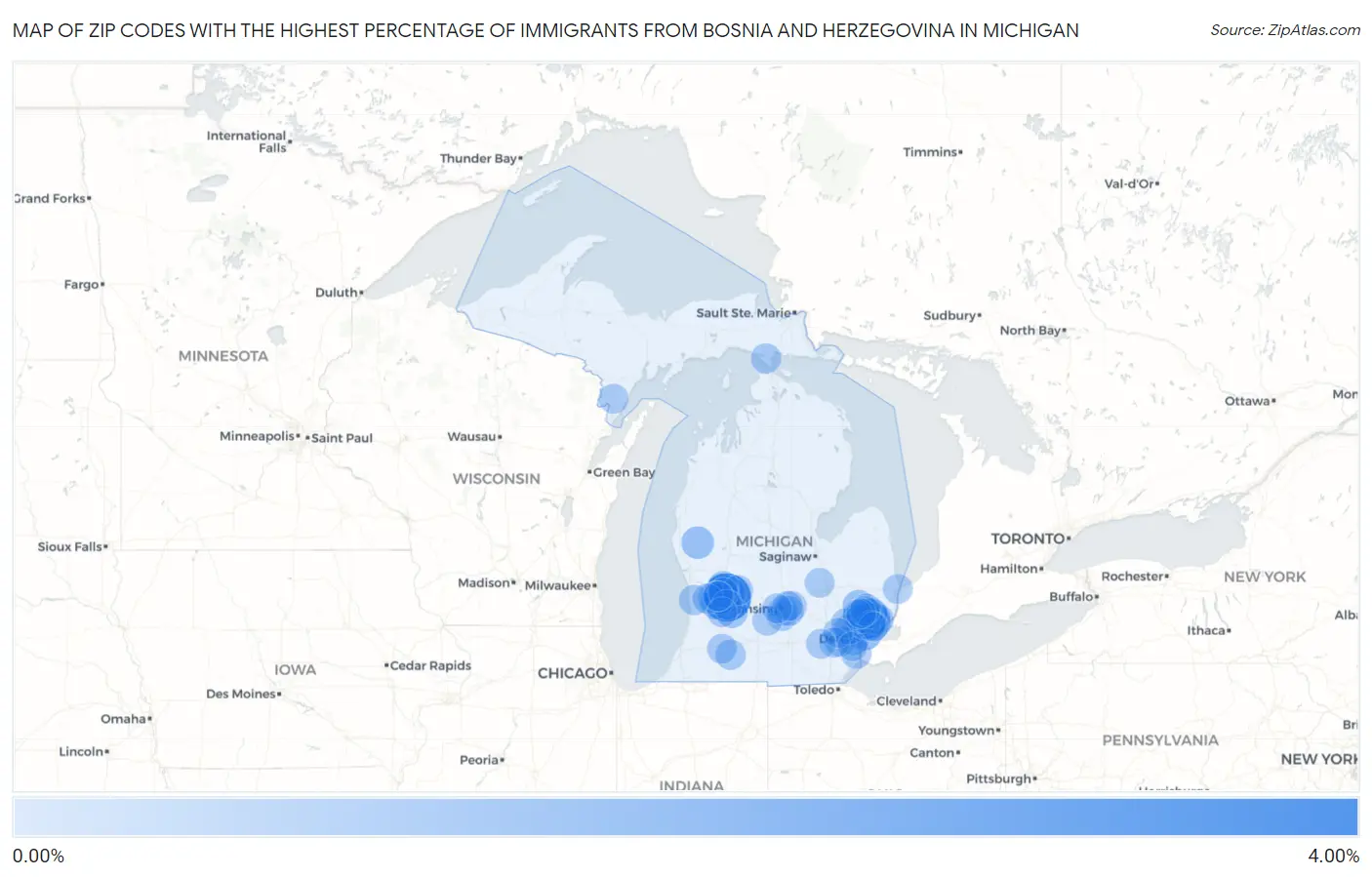 Zip Codes with the Highest Percentage of Immigrants from Bosnia and Herzegovina in Michigan Map