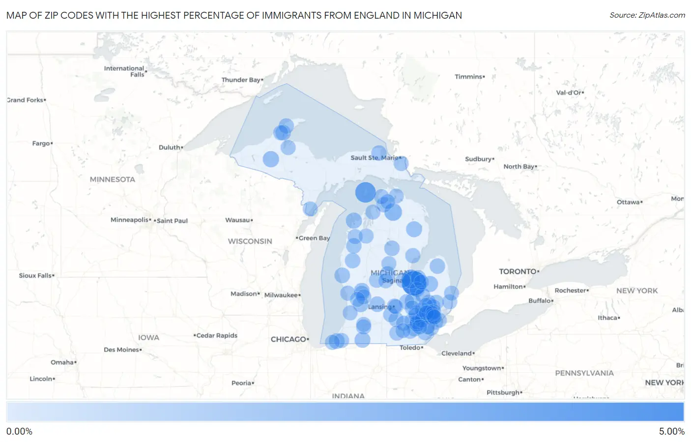 Zip Codes with the Highest Percentage of Immigrants from England in Michigan Map