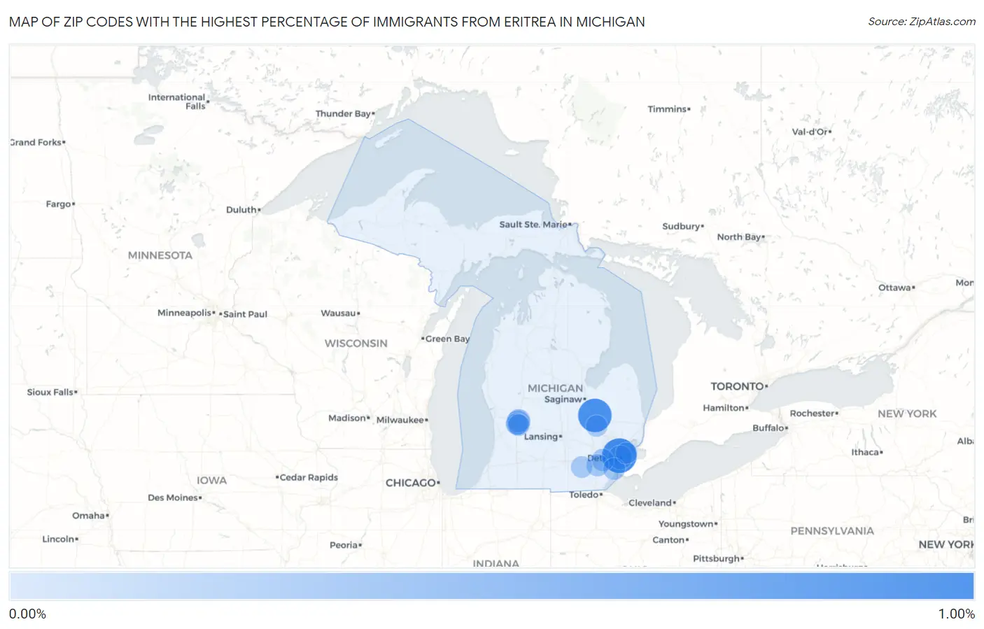 Zip Codes with the Highest Percentage of Immigrants from Eritrea in Michigan Map