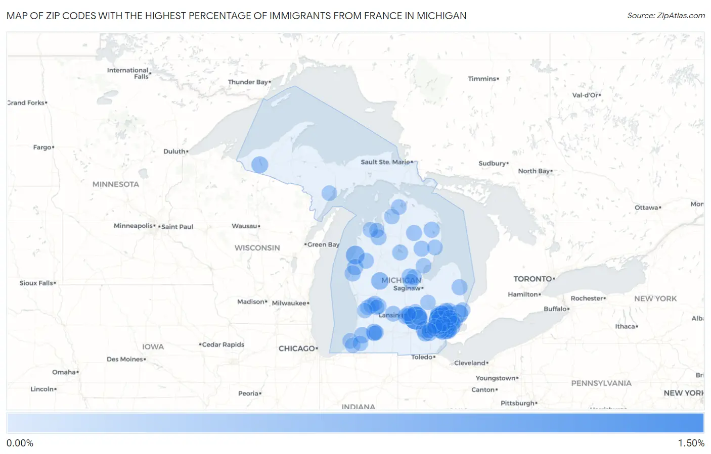 Zip Codes with the Highest Percentage of Immigrants from France in Michigan Map