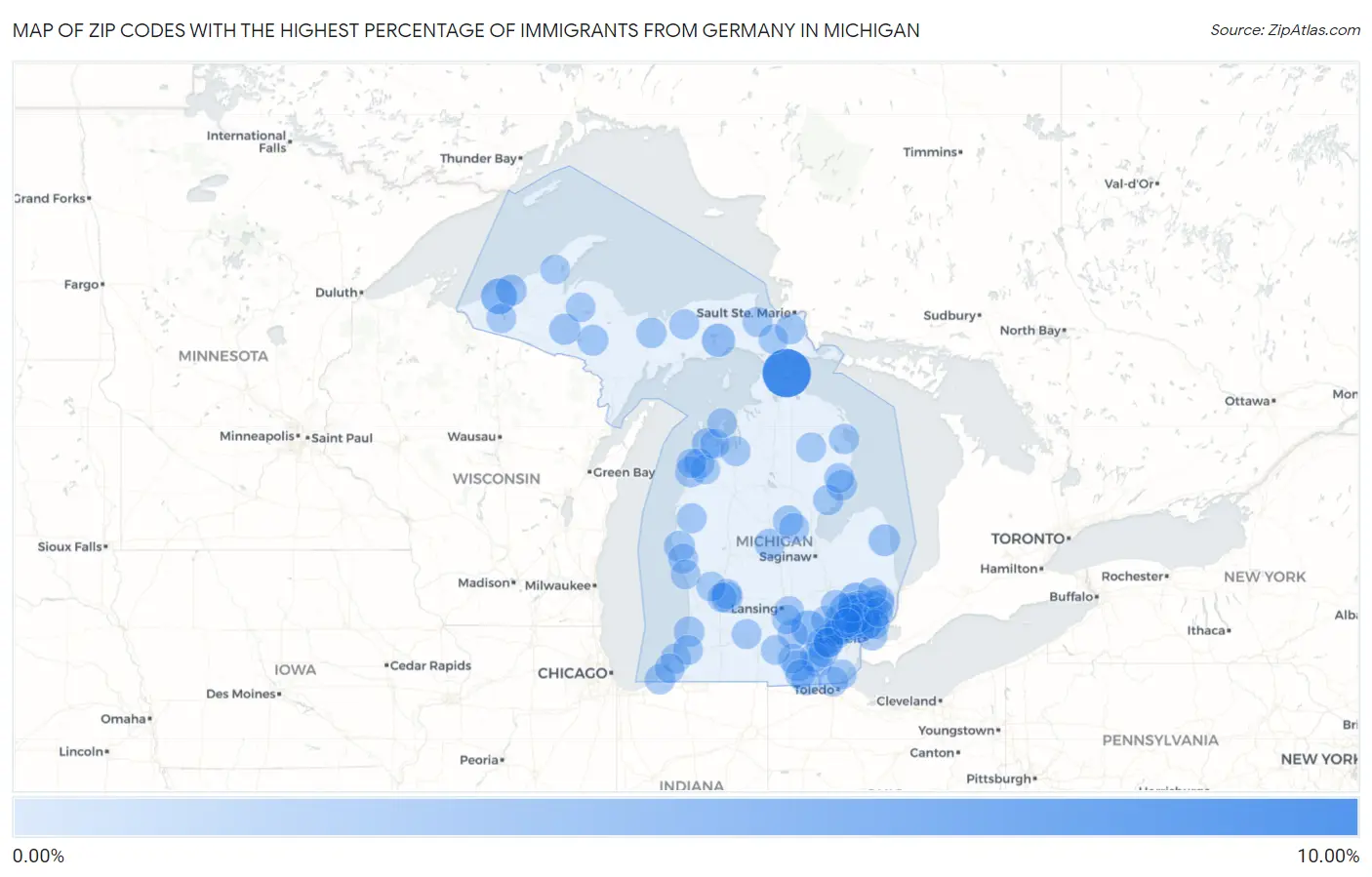 Zip Codes with the Highest Percentage of Immigrants from Germany in Michigan Map
