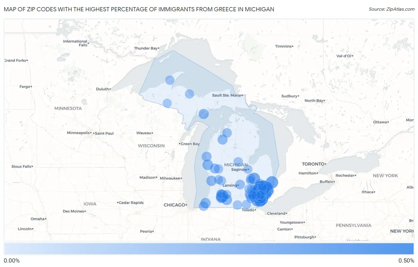 Zip Codes with the Highest Percentage of Immigrants from Greece in Michigan Map