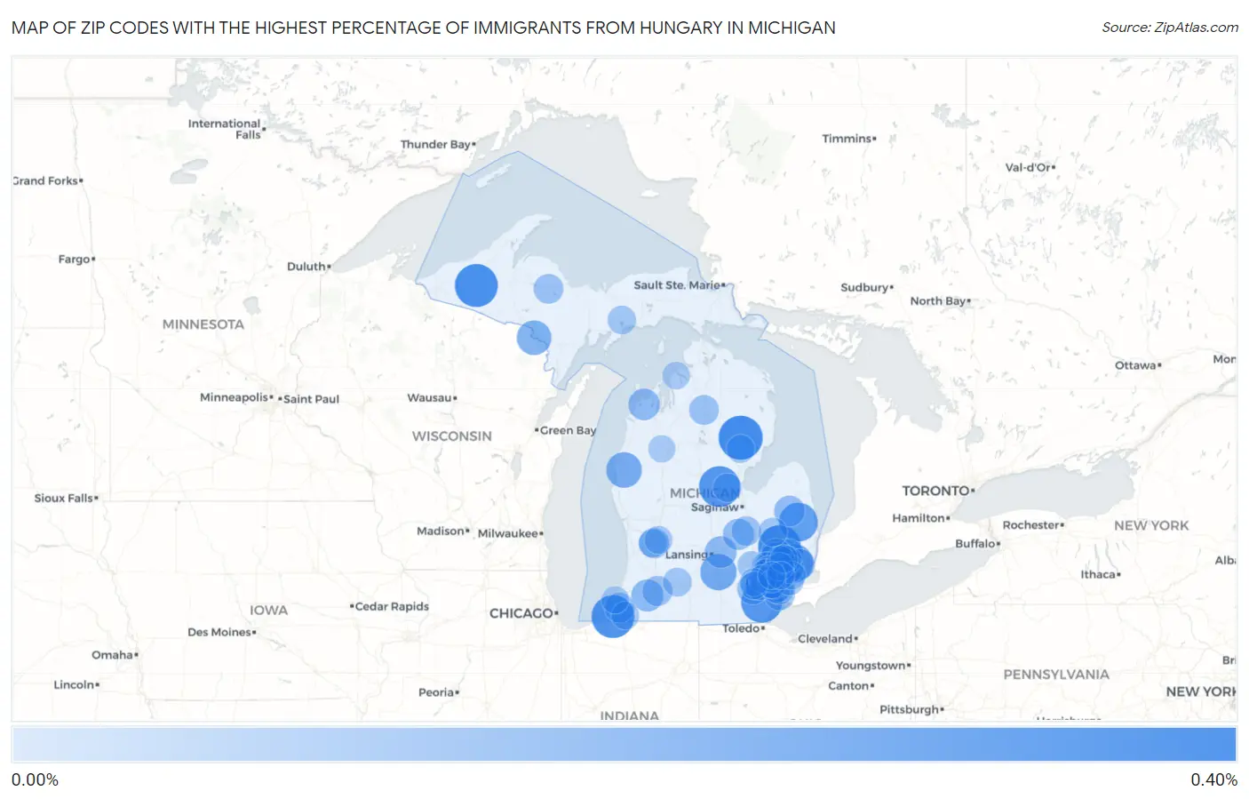 Zip Codes with the Highest Percentage of Immigrants from Hungary in Michigan Map