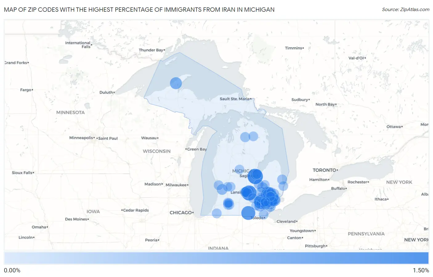 Zip Codes with the Highest Percentage of Immigrants from Iran in Michigan Map