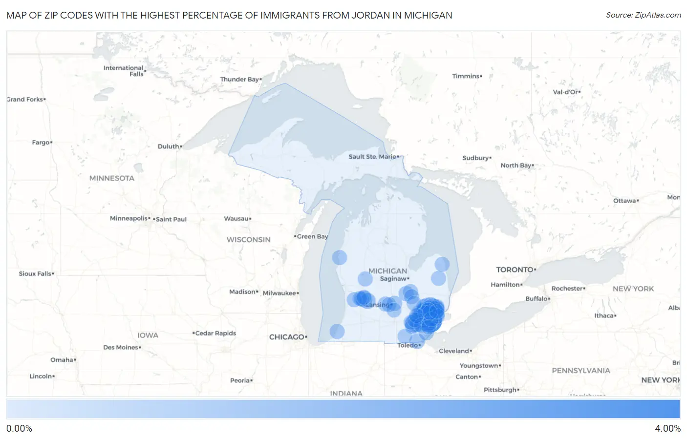 Zip Codes with the Highest Percentage of Immigrants from Jordan in Michigan Map