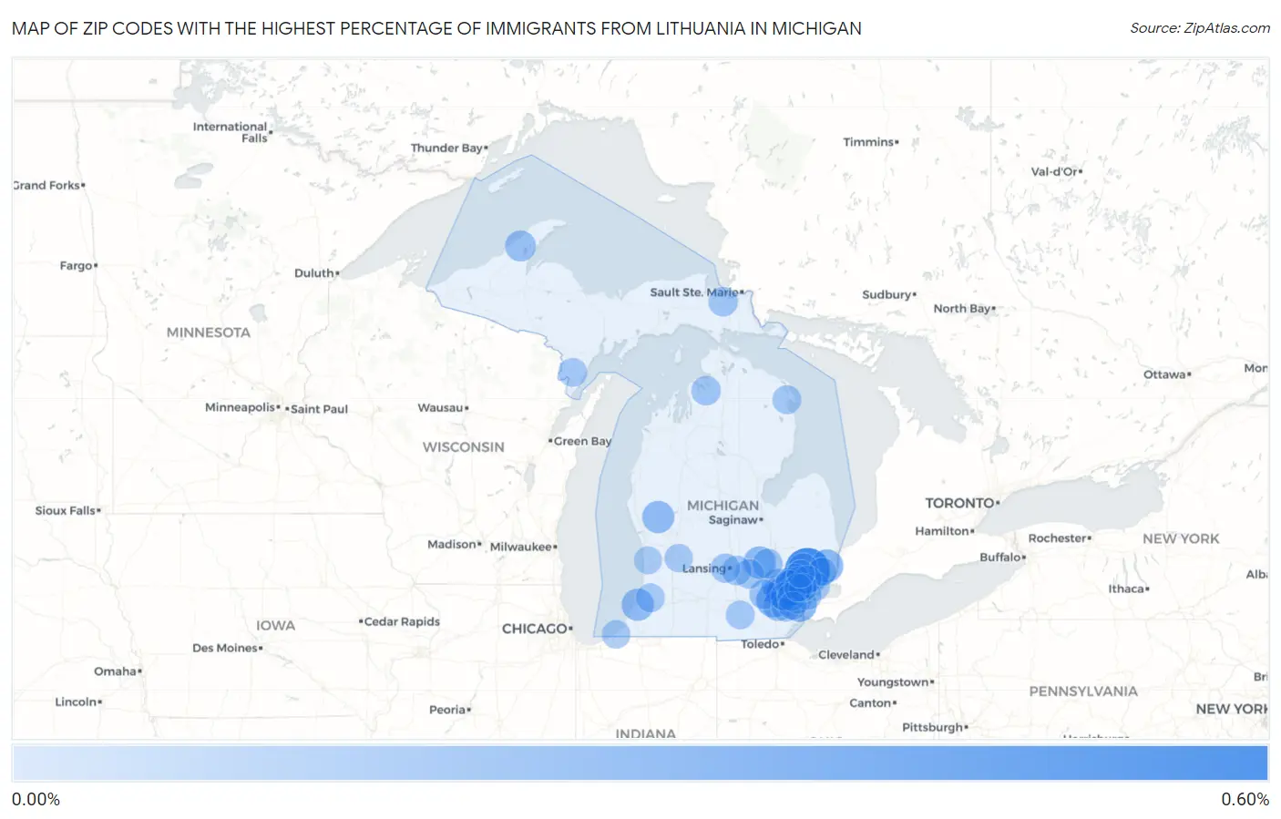 Zip Codes with the Highest Percentage of Immigrants from Lithuania in Michigan Map