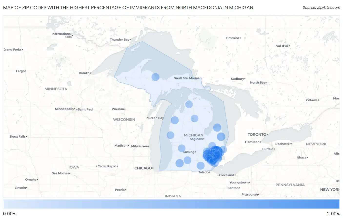 Zip Codes with the Highest Percentage of Immigrants from North Macedonia in Michigan Map