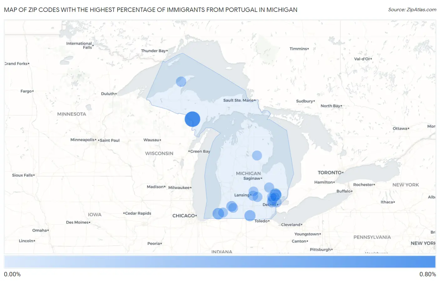 Zip Codes with the Highest Percentage of Immigrants from Portugal in Michigan Map