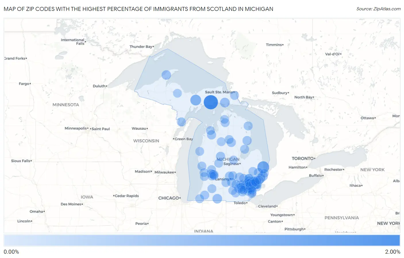 Zip Codes with the Highest Percentage of Immigrants from Scotland in Michigan Map