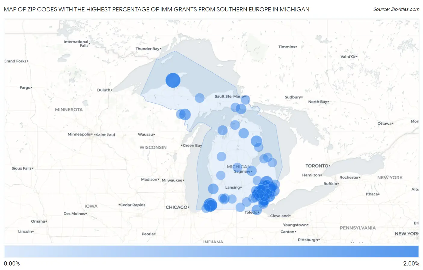 Zip Codes with the Highest Percentage of Immigrants from Southern Europe in Michigan Map