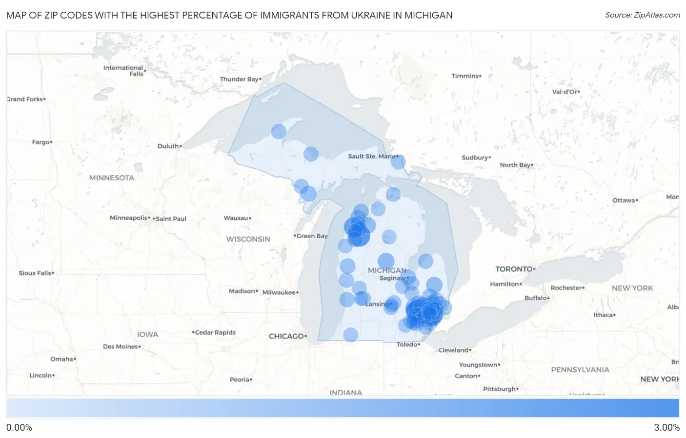 Zip Codes with the Highest Percentage of Immigrants from Ukraine in Michigan Map