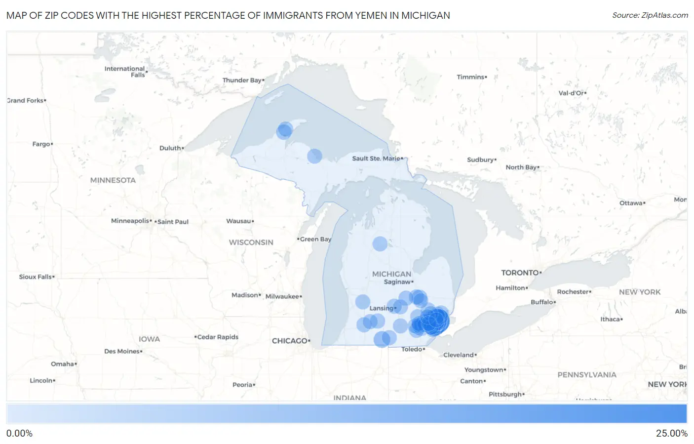 Zip Codes with the Highest Percentage of Immigrants from Yemen in Michigan Map