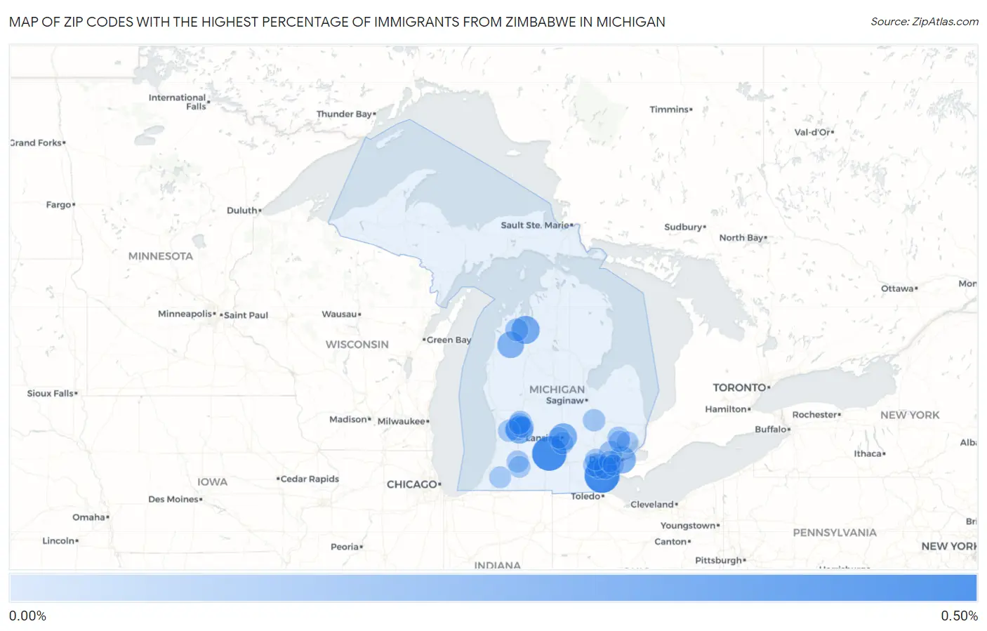 Zip Codes with the Highest Percentage of Immigrants from Zimbabwe in Michigan Map