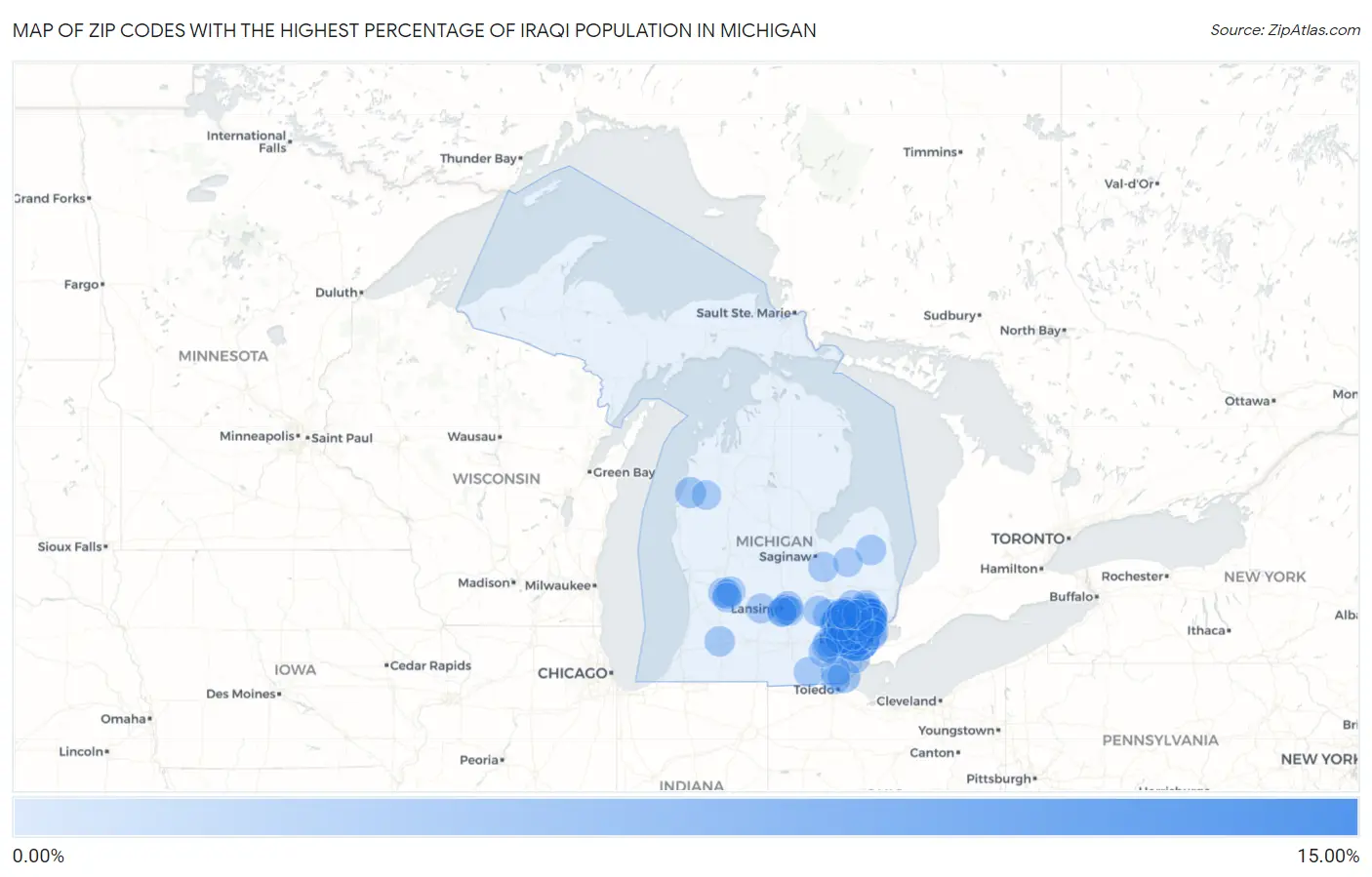 Zip Codes with the Highest Percentage of Iraqi Population in Michigan Map