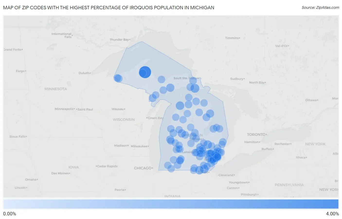 Zip Codes with the Highest Percentage of Iroquois Population in Michigan Map