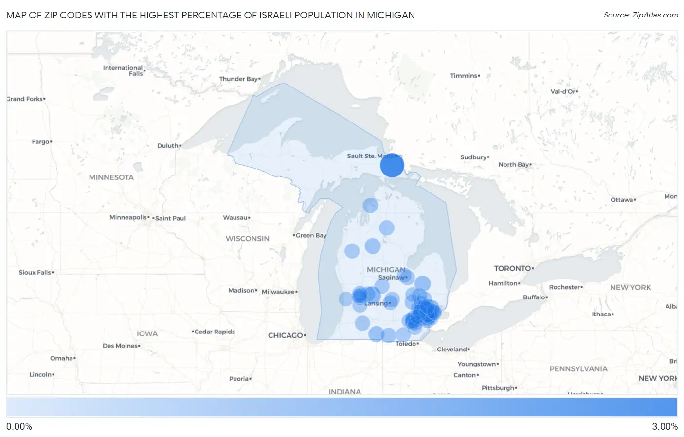 Zip Codes with the Highest Percentage of Israeli Population in Michigan Map