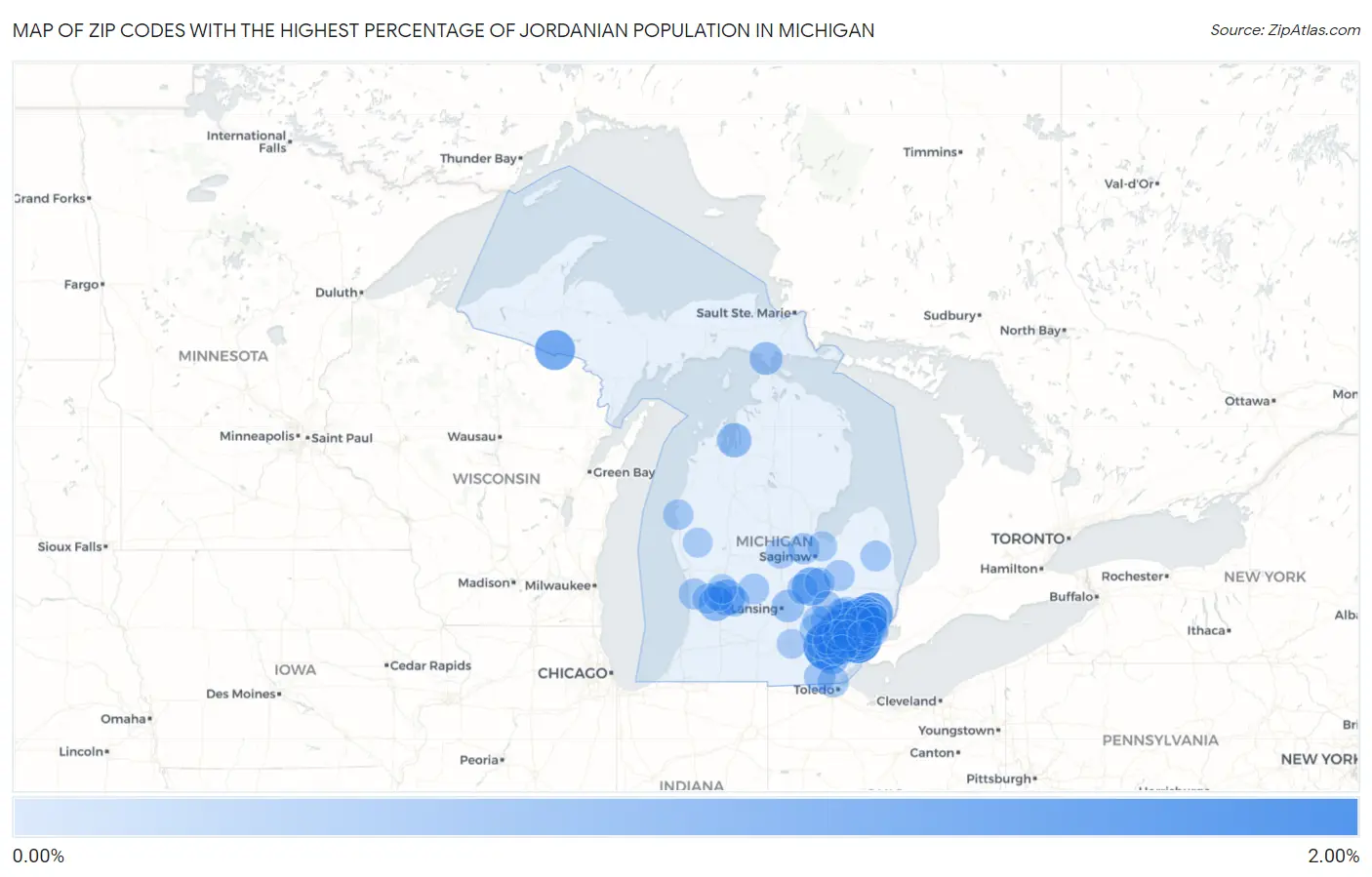 Zip Codes with the Highest Percentage of Jordanian Population in Michigan Map