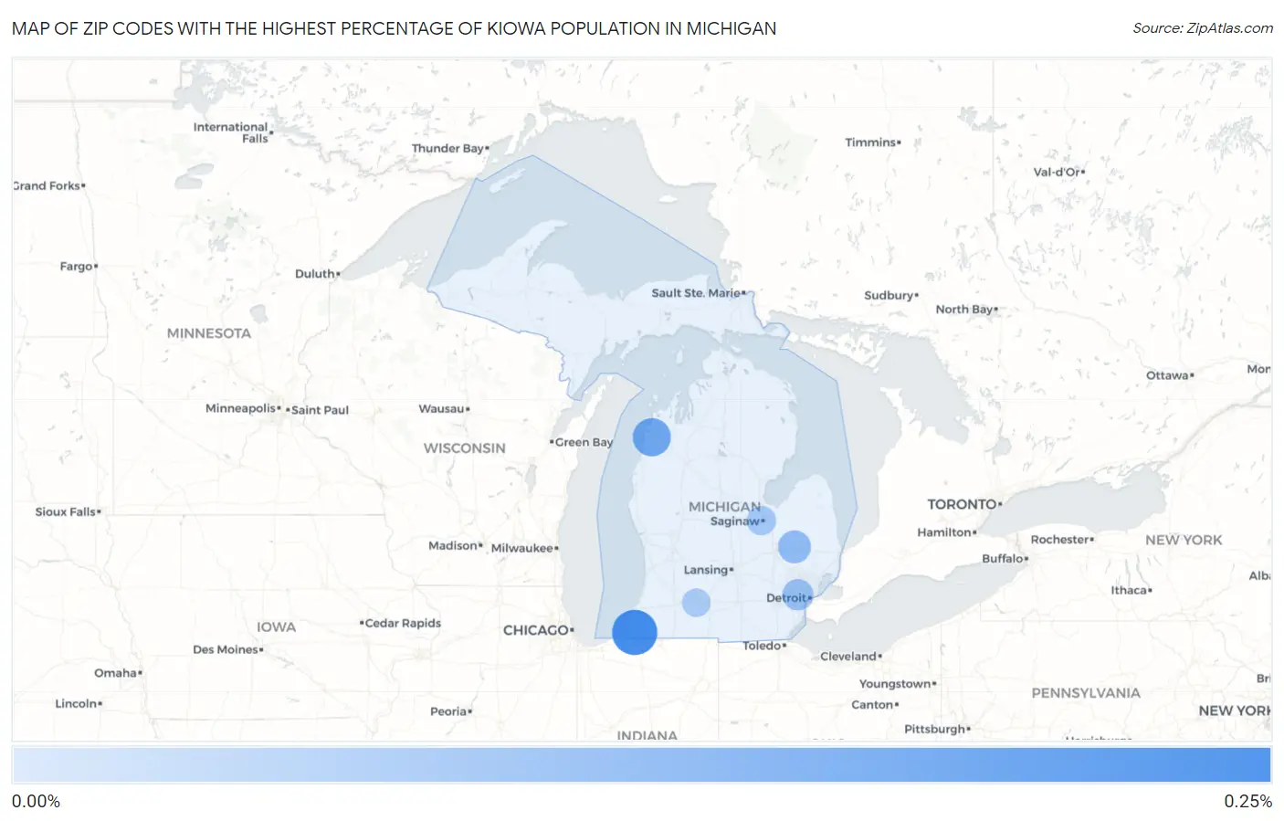Zip Codes with the Highest Percentage of Kiowa Population in Michigan Map