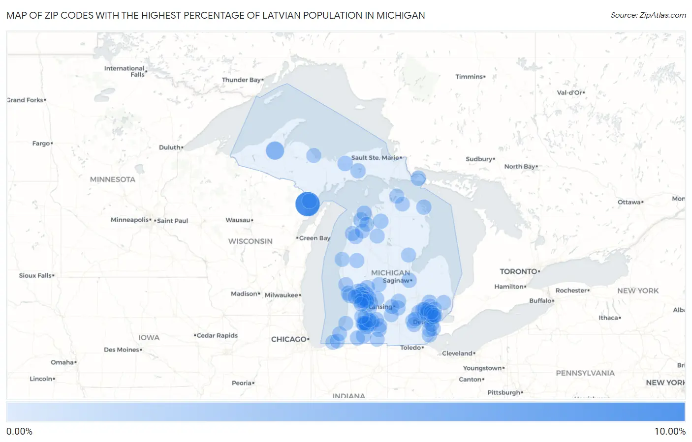 Zip Codes with the Highest Percentage of Latvian Population in Michigan Map