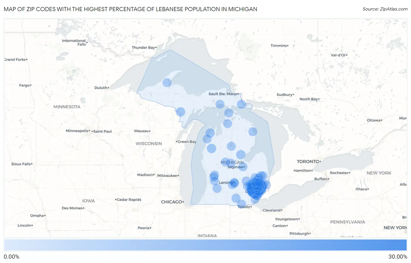 Zip Codes with the Highest Percentage of Lebanese Population in Michigan Map