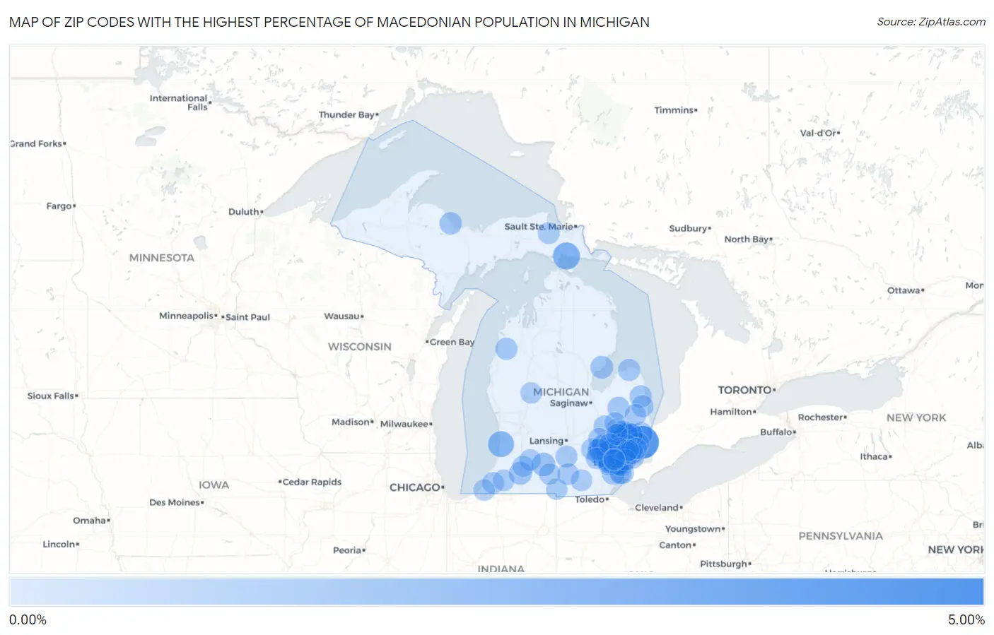 Zip Codes with the Highest Percentage of Macedonian Population in Michigan Map