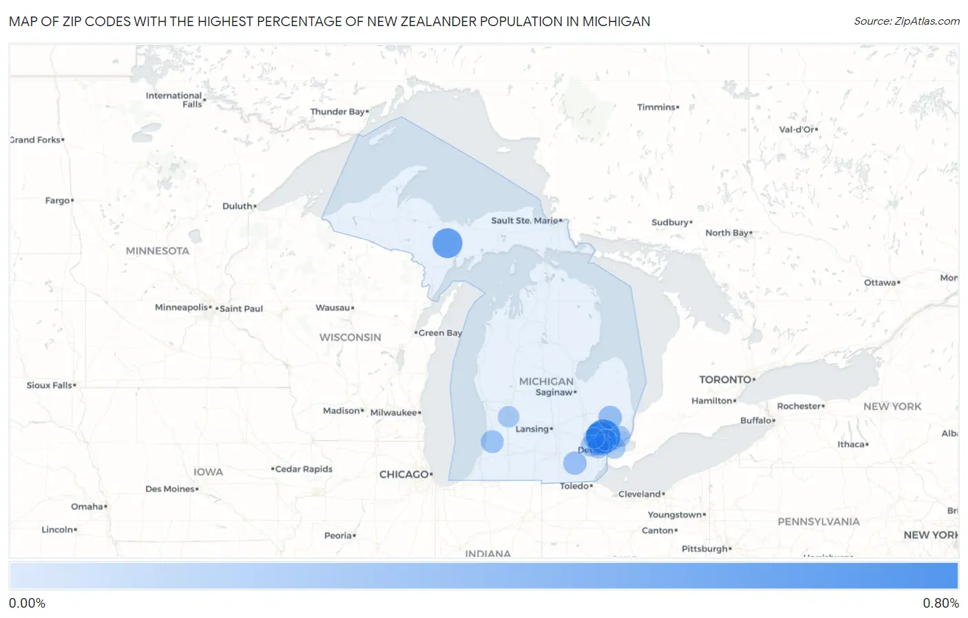 Zip Codes with the Highest Percentage of New Zealander Population in Michigan Map
