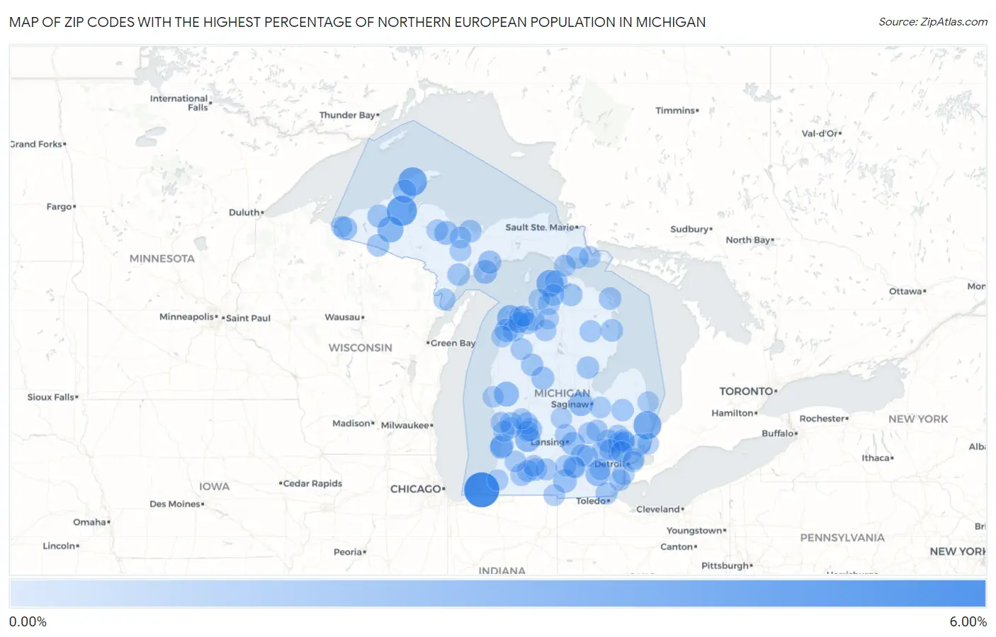 Zip Codes with the Highest Percentage of Northern European Population in Michigan Map