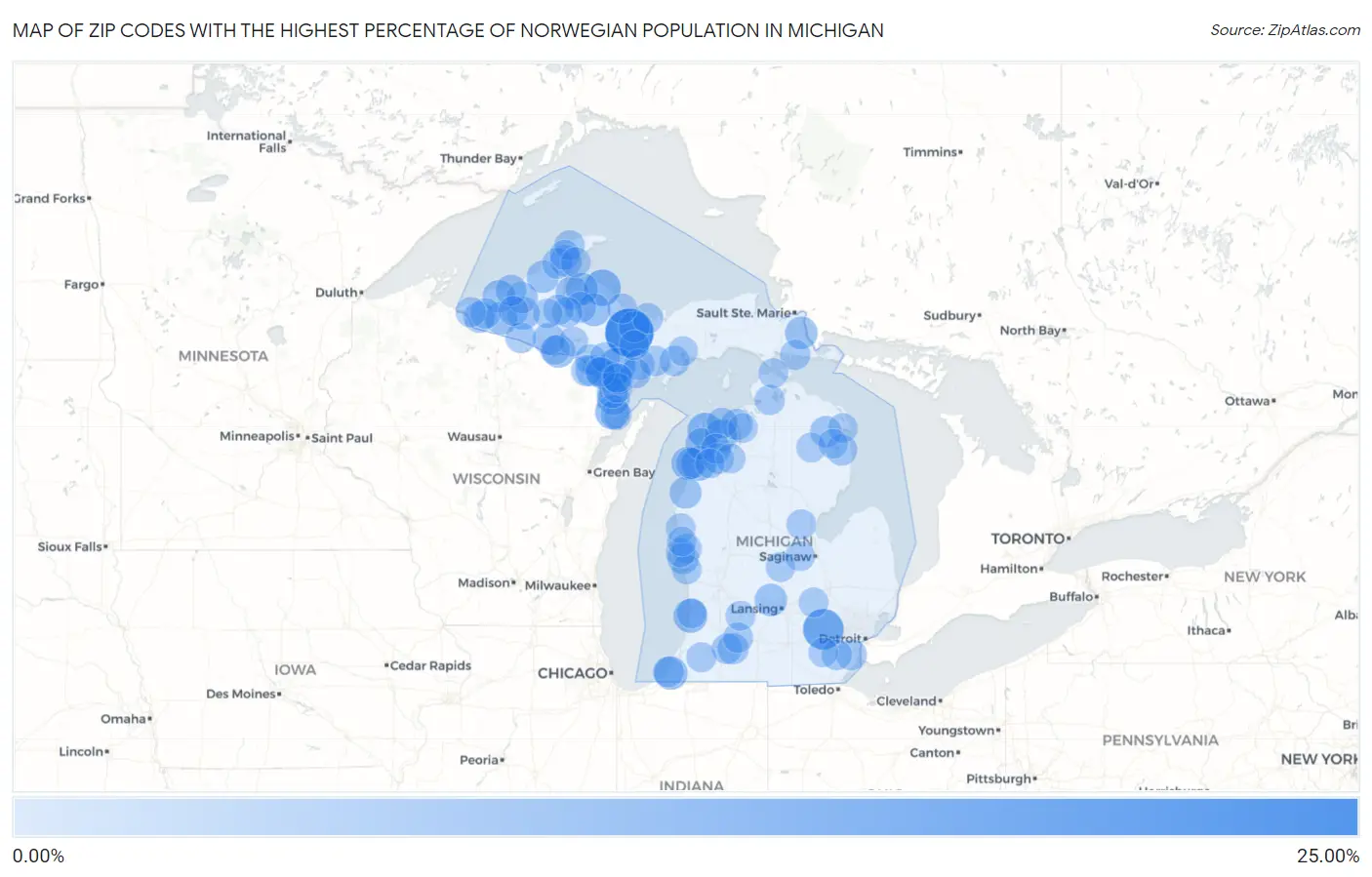 Zip Codes with the Highest Percentage of Norwegian Population in Michigan Map